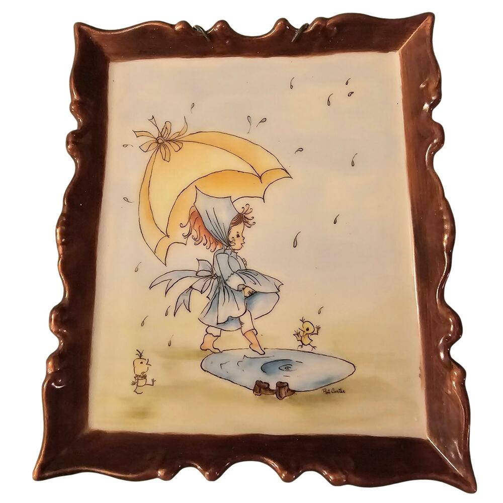 Vintage Hand Painted Wall Hanging Little Girl Rainy Day Adorable CottageCore